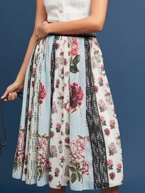 Verb Pallas Singhee Blue Black Stripe Floral Chiffon Midi Skirt 0P 0 Petite